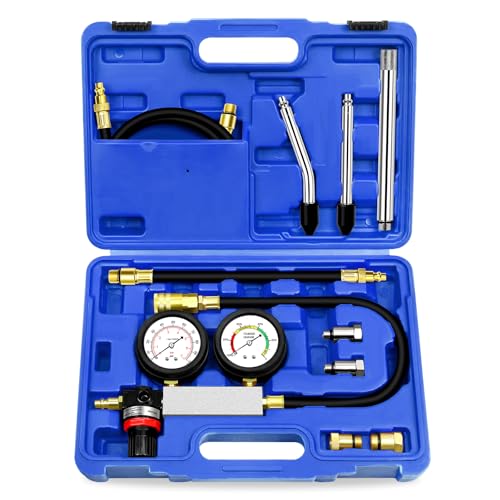 YSTOOL Cylinder Leak Down Tester Automotive Kit Gasoline Engine Compression Dual Gauge Leakdown Detector Tool Set for Pressure Check & Leakage Rate Test with Extension Rod Blue - color: Blue