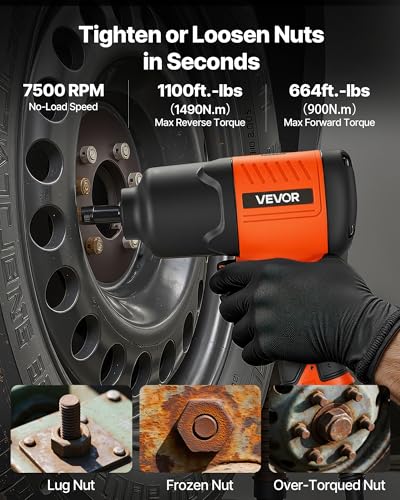 VEVOR Air Impact Wrench, 1/2" Drive Pneumatic Impact Wrench Up to 1100 ft-lbs Reverse Torque, 7500RPM 4-Speed Adjustable & Lightweight Pneumatic Gun for Auto Repairs and Maintenance - style: 1/2" 1100 ft-lbs