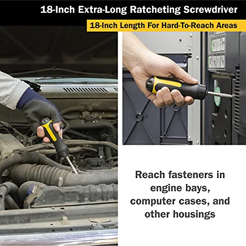 Titan 12218 18-Inch Extra Long High-Torque Ratcheting Bit Driver, Ratcheting Screwdriver Set Includes (10) Bits and Magnetic Bit Holder, Stainless Steel Shaft & S2 Steel Bits - size: 18-Inch