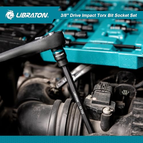 LIBRATON 24PCS 3/8 Drive Impact Torx Bit Socket Set, Extra Long Torx | Extra long 2in&6in Torx Bit Set, T10-T60 Coverage, S2 Alloy Steel Star Bit Sockets, Impact for Auto Repair, Blow Molded Box