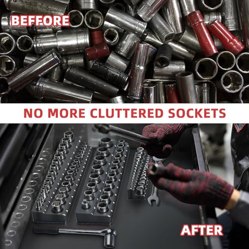 Magnetic Socket Organizer Holder Set – 3-Piece Tool Organizers Including 1/4", 3/8" and 1/2" Drive Socket Holder Metric 68 Pieces Socket Trays (Sockets are not Included) Black - color: Black