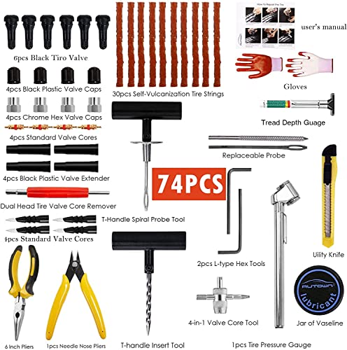 AUTOWN Flat Tire Repair Kits, 74 Pcs Universal Tire Plug Kit Heavy Duty Flat Tire Puncture Repair Kit for Cars, Trucks, Motorcycles, ATV，RV, Jeep, Tractor, Trailer
