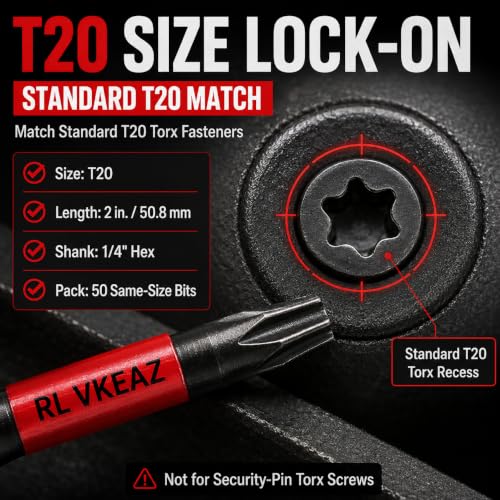 50-Pack T20 Torx Bit, RLVKEAZ 2-Inch Magnetic T20 Bits for Impact Driver | S2 Alloy Steel T20 Star Bits for Drill, CNC-Machined Tips, 1/4-Inch Hex Shank for DIY Woodworking and Furniture Assembly - style: T-20 50-piece supply of 2-inch magnetic T20 Torx b