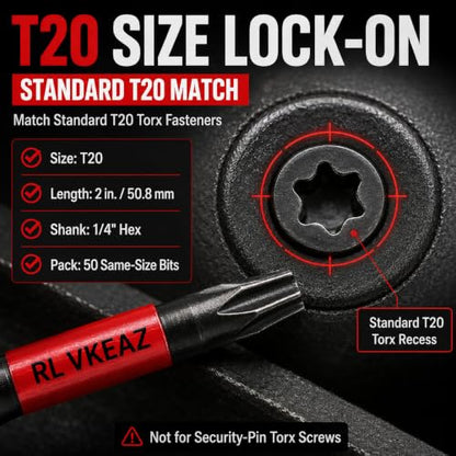 50-Pack T20 Torx Bit, RLVKEAZ 2-Inch Magnetic T20 Bits for Impact Driver | S2 Alloy Steel T20 Star Bits for Drill, CNC-Machined Tips, 1/4-Inch Hex Shank for DIY Woodworking and Furniture Assembly - style: T-20 50-piece supply of 2-inch magnetic T20 Torx b