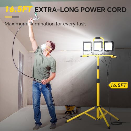 LED Work Lights with Stand: 3 Head Adjustable Work Light with Individual Switch, IP66 Waterproof Foldable Outdoor Tripod Light for Job Site Construction Lighting, Tool Gifts for Men - style: ‎3 Heads