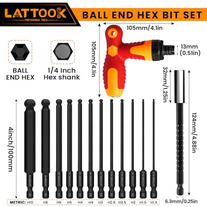 Metric Ball End Hex Bit Set with T Handle Ratchet Driver | LATTOOK 12PCS Ball End Hex Head Allen Wrench Drill Bit Set, Allen Key Drill Bit Set, 4'' Long, Magnetic S2 Steel - style: 12PCS Ball Hex Bits+T Handle