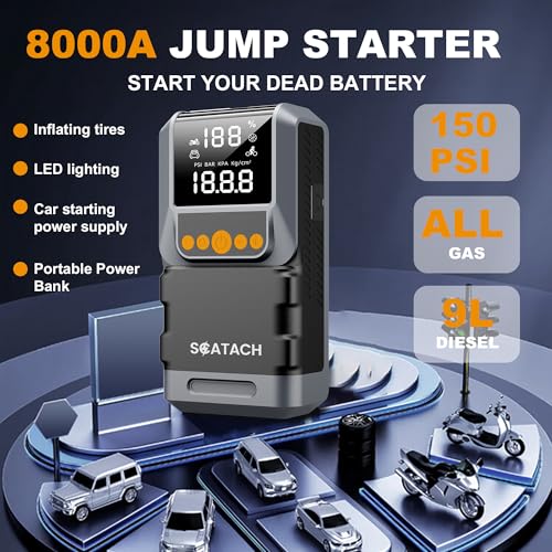 Jump Starter with Air Compressor 8000A 150PSI Car Battery Jump Starter (10.0 Gas/8.0L Diesel), Battery Jumper Starter Portable 12V Jump Box with Jumper Cables, LED Light, LED Display - color: light black