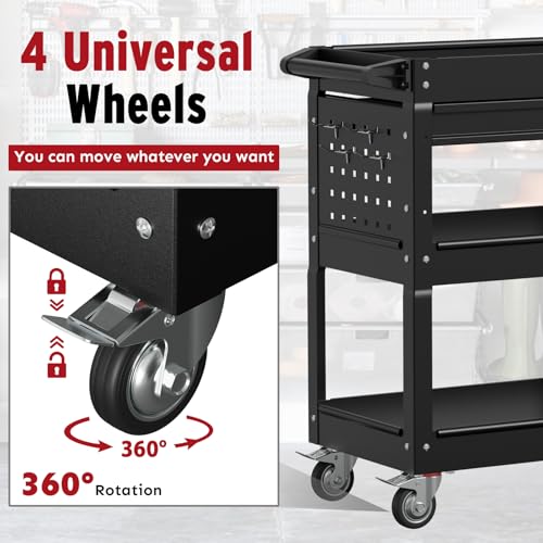 3 Tier Rolling Cart, Heavy Duty Utility Industrial Service Carts on Wheels, Metal Tool Cart with Locked Drawers, Ideal for Garage, Warehouse and Repair Shop（Black） - color: Black