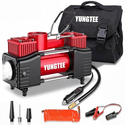 YUNGTEE Tire Inflator Heavy Duty Double Cylinders Direct Drive Inflation Pump,12V Portable Air Compressor Pump with Emergency LED Light - 150PSI Tire Pump,Apply to Car,SUV,RV - color: Red