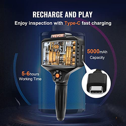 VEVOR Triple Lens Inspection Camera with Light, 5" IPS Screen Industrial Borescope, 8X Zoom 1080P HD Split Screen, 10 LED Lights Scope Camera for Automotive, Plumbing(16.5FT) - size: 5" IPS Screen-16.5FT