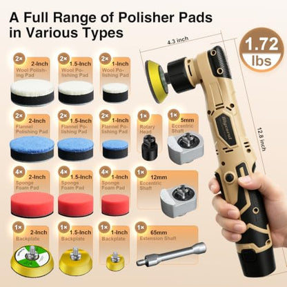 Cordless Mini Polisher,1/1.5/2Inch,DA&RO with 11 Variable Speed 2500-6000 RPM,2 * 2.3Ah Rechargeable Batteries,Car Detailing Micro Polisher - style: 2*Batteries Kit