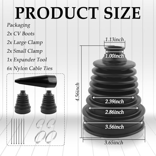 2PCS CV Boot with 4 Stainless Steel Clamps & 6 Cable Ties & 1 Cone,Waterproof Dustproof CV Axle Boot Repair Kit for Protect Axle,Universal CVs Joint Boots Fits for Most Cars - color: Black