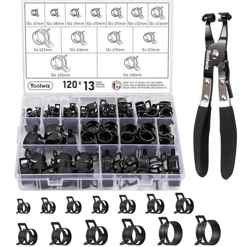 Toolwiz 120Pcs 6-25mm Spring Band Hose Clamps Assortment with Clamp Plier | Radiator Swivel Hose Clamp Pliers, Constant Tension Hose Clamp for Fuel Line, Silicone Vacuum Hose, Air Tube, Water Pipe - style: 120Pcs Spring Clamps with Plier