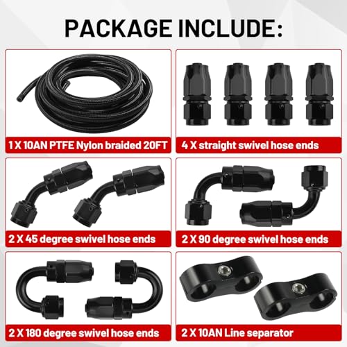 10AN 20FT PTFE Fuel Line Hose Kit, AN10 E85 Stainless Steel Nylon Braided Fuel Hose with 10PCS PTFE Swivel Fuel Hose Fitting Adapter Kit and 2 PCS Line separator (1/2Inch ID) - Black - color: Black, size: 10AN Fitting+20Ft Hose
