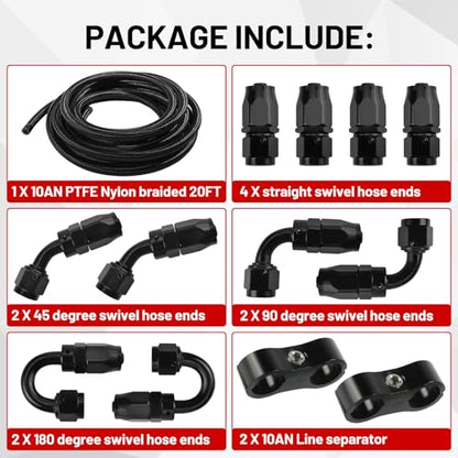 10AN 20FT PTFE Fuel Line Hose Kit, AN10 E85 Stainless Steel Nylon Braided Fuel Hose with 10PCS PTFE Swivel Fuel Hose Fitting Adapter Kit and 2 PCS Line separator (1/2Inch ID) - Black - color: Black, size: 10AN Fitting+20Ft Hose