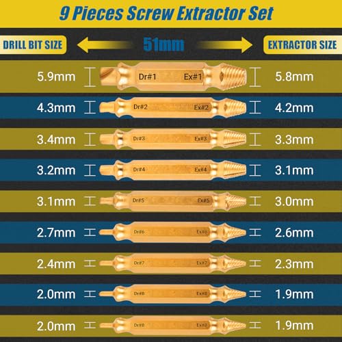 Damaged Screw Extractor Set, Gifts for Men, CLEVEROOL 10 PCS HSS 6542 Screw Extractor Remover Kit for Easy Removal of Stripped, Rusty, Broken Hardware (Gold) - size: 10 Pieces