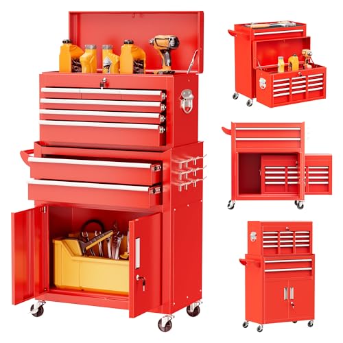 Superday Metal Rolling Tool Chest, 8 Drawer Rolling Tool Chest with Wheels, Detachable Tool Storage Cabinet with Lock for Garage, Steel Tool Cart with Liner & Hooks for Workshop, Warehouse (Red) - color: Red, size: 8 Drawer