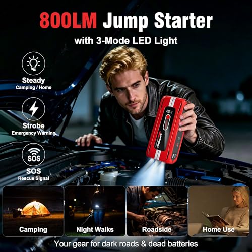 Car Jump Starter 5000A Peak, 12V Battery Booster Portable,59.2Wh Jump Pack | Jump Box Car Battery Charger(9L Gas/6L Diesel) with USB Ports, Jumper Cables,LED Light,Storage Case