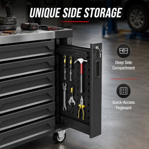 7-Drawer Rolling Tool Chest, Tool Box Lockable Metal Tool Cabinet with Side Storage Cabinet, Ball Bearing Slides Steel Organizer,Heavy-Duty Powder-Coated Tool Cart for Garage Workshope, Black - size: 7 Drawers- Black