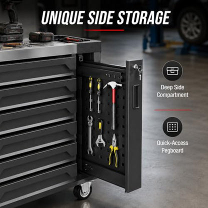 7-Drawer Rolling Tool Chest, Tool Box Lockable Metal Tool Cabinet with Side Storage Cabinet, Ball Bearing Slides Steel Organizer,Heavy-Duty Powder-Coated Tool Cart for Garage Workshope, Black - size: 7 Drawers- Black
