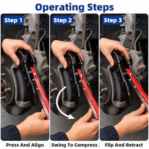 Brake Caliper Compression Tool, 360° Adjustable Ratcheting Brake Pad Spreader for Single Twin Quad Piston Calipers, Extra Include 2 Hooks & 2 Magnetic Steel Plates, Cars Disc Brake Repair Tool
