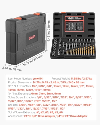 VEVOR Bolt Extractor Kit, 54 Pieces Easy Out Screw Extractor Set, Left Hand Drill Bit Set, Multi-Spline Extractors, for Removing Damaged, Stripped, Broken, Rusted, Rounded-Off Bolts, Nuts & Screws - size: 54 PCS