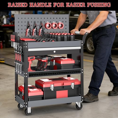 AIRAJ 3 Tier Rolling Tool Cart On Wheels, Mechanic Tool Cart,Industrial Utility Cart with Drawers & Pegboard,440 LBS Heavy Duty Tool Storage Work Cart for Garage, Workshop, Factory and Repair Shop
