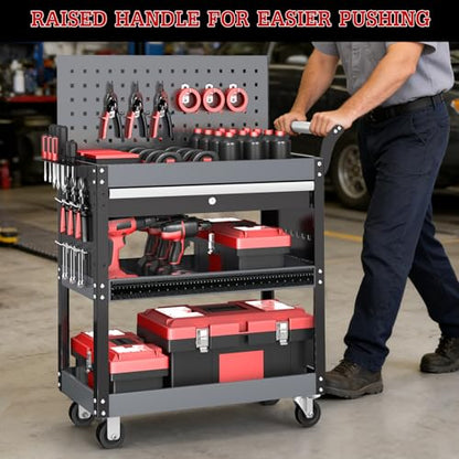 AIRAJ 3 Tier Rolling Tool Cart On Wheels, Mechanic Tool Cart,Industrial Utility Cart with Drawers & Pegboard,440 LBS Heavy Duty Tool Storage Work Cart for Garage, Workshop, Factory and Repair Shop