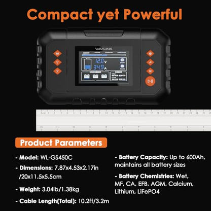 WAVLINK 450W Smart Battery Charger, 35A 6V/12V/24V Car Battery Charger | Max LCD Display; Lead-Acid/Lithium/LiFePO4 Compatible; Battery Maintainer & Desulfurizer for Cars, Boats, Motorcycles - color: 35-AMP