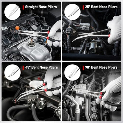 11 Inch 5Pcs Extra Long Needle Nose Pliers Set to Precision Work | Straight and 25°/45°/90°Bent, Circle Nose, Multi-Angle Tips for Tight Access, Long Nose Pliers for Narrow Spaces
