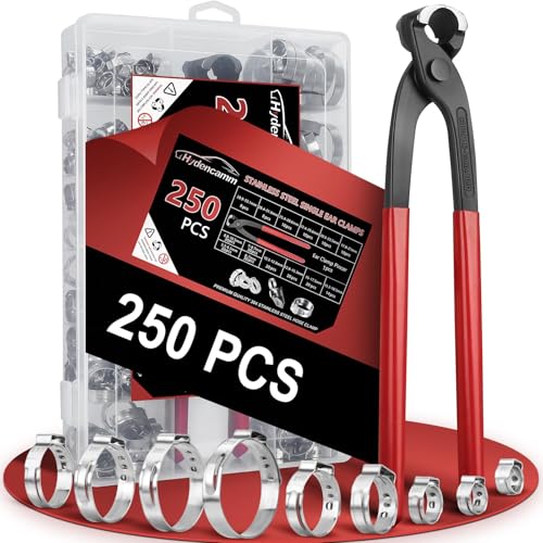 250PCS 14 Sizes Single Ear Hose Clamp, 5.3-33.1mm 304 Stainless Steel Ear Clamp Kit with Ear Clamp Pincer, Stepless Hose Clamps Cinch Rings for Automotive, Home Appliance Line and Plumbing - size: 5.3-33.1 mm, style: 250PCS 14SIZE