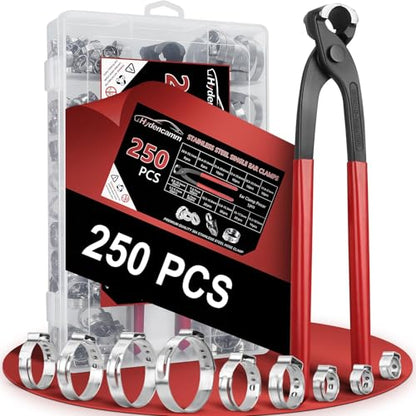 250PCS 14 Sizes Single Ear Hose Clamp, 5.3-33.1mm 304 Stainless Steel Ear Clamp Kit with Ear Clamp Pincer, Stepless Hose Clamps Cinch Rings for Automotive, Home Appliance Line and Plumbing - size: 5.3-33.1 mm, style: 250PCS 14SIZE