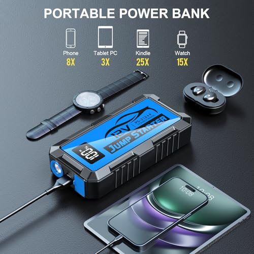 8000A Car Jump Starter, 12V Jump Starter Battery Pack (All Gas,up to 10.0L Diesel Engine) Jumper Cables Portable Lithium Jump Box, USB Output and LED Light - color: blue
