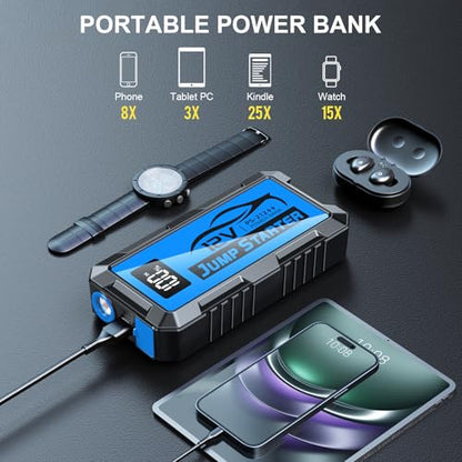 8000A Car Jump Starter, 12V Jump Starter Battery Pack (All Gas,up to 10.0L Diesel Engine) Jumper Cables Portable Lithium Jump Box, USB Output and LED Light - color: blue