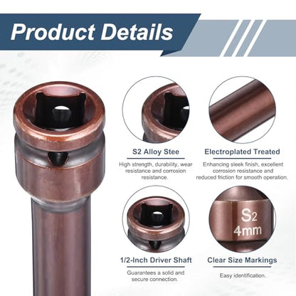 HARFINGTON 2pcs Impact Hex Bit Socket 1/2" Drive 4H (4mm) Hex Bits 3" Length S2 Steel Metric Impact Wrench Socket Adapter Tool for Automotive Repair Industrial Construction and Home DIY - size: H4 x 1/2" x 3"
