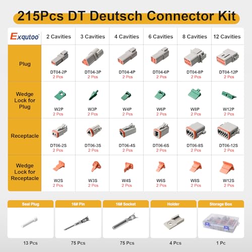 Exqutoo 215Pcs DT Deutsch Connector Kit, 2 3 4 6 8 12 Pin Waterproof DT Series Connector Assortment | Automotive Repair Accessory Kit, Wedge Locks, Seal Plugs, Size 16 Stamped Contacts 14-18AWG - size: 215Pcs