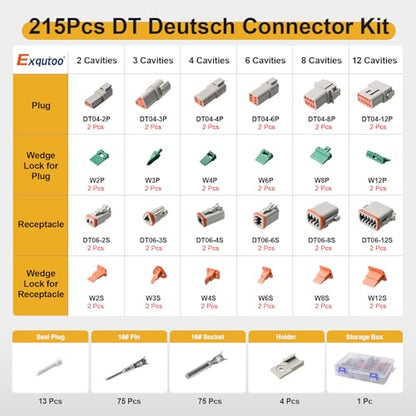 Exqutoo 215Pcs DT Deutsch Connector Kit, 2 3 4 6 8 12 Pin Waterproof DT Series Connector Assortment | Automotive Repair Accessory Kit, Wedge Locks, Seal Plugs, Size 16 Stamped Contacts 14-18AWG - size: 215Pcs