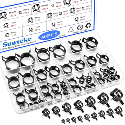 40Pcs Spring Band Hose Clamps Assortment Kit,16 Sizes Black Fuel Line Hose Clamps,Low Pressure Air Clip Strap Clamp for Silicone Vacuum Hose Clamp Fuel Line Clamps (6-25mm) - color: Black-40pcs