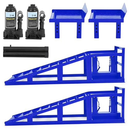 2PCS Hydraulic Car and Truck Service Ramps, 11000 Lbs (5 Tons) Low Profile Car Lift Service Ramps, Adjustable Lift Height 9.8" to 16.21" Height for Oil Changes, Auto Repair, Vehicle Maintenance - Blue