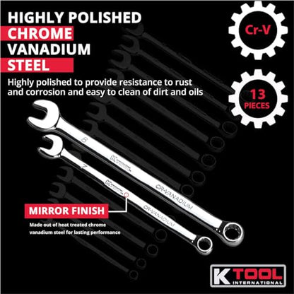 K Tool International Metric Combination Wrench Set, 13-Piece Fully Polished, Heat-Treated Chrome Vanadium Steel, Durable, Sizes (7mm-19mm Wrenches); KTI41800