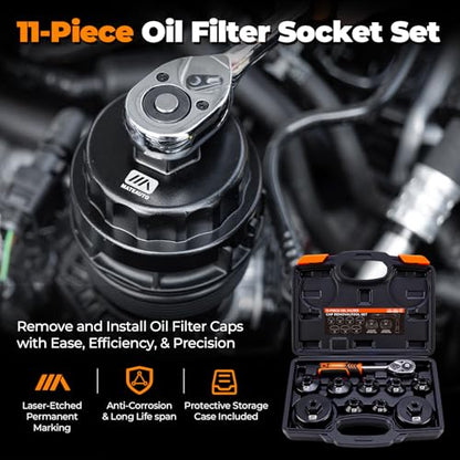 11 Piece Oil Filter Socket Wrench Set | Oil Filter Wrench Set, Low Profile Filters Socket Set, Ratchet Wrench & Extension, Compatible with Toyota VW BMW