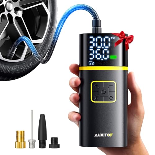 AUXITO Tire Inflator Portable Air Compressor - 150PSI Bike Pump 1Min Fast Inflate with Tire Pressure Gauge, 5200 mAh, LED Light, Car Accessories Air Pump for Auto, Moto, Bike Car Gifts for Men - size: 5200mAh