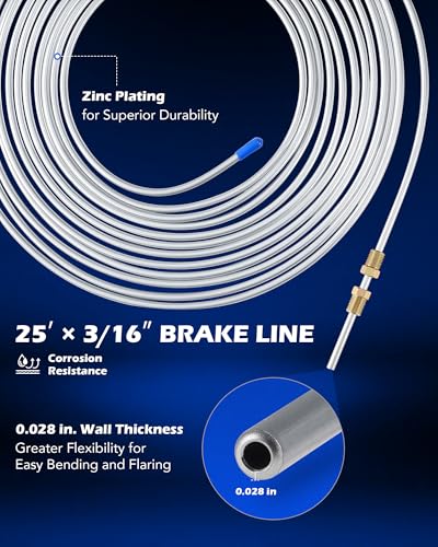 3/16 in Brake Line Kit, Brake Line Flaring Tool Kit with 25ft Brake Line | 16 Fittings & 4 Unions, Double & Single Flaring Tool Kit for Most Hydraulic Braking Fuel Systems