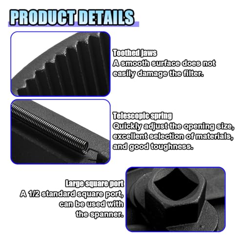 Adjustable Oil Filter Wrench Removal Tool, 60-80 mm (2.36-3.15 inch) Heavy Duty Oil Filter Tool with 2 Serrated Jaws, 1/2" Drive Cap Style Oil Filter Socket Wrench, Oil Filter Remover Tool (60-80 mm)