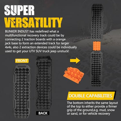 BUNKER INDUST Off-Road Traction Boards with Jack Lift Base,2 Pcs Multifunctional Recovery Track Ramp Traction Mat for 4WD UTV SUV Truck-Mud, Sand, Snow Tire Traction Devices Black with Carry Bag