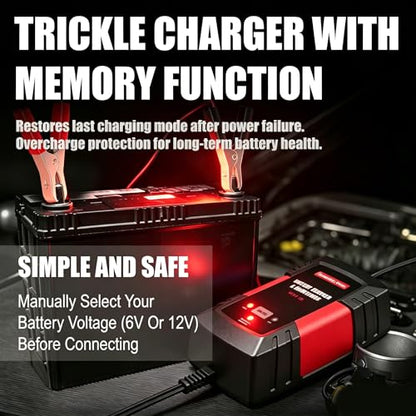 Smart Car Battery Charger,1.5A 6V/12V Maintainer,Automatic Tender Trickle Charger with Memory Function,LED Light,12FT Cables for Vehicle Lead-Acid & Lithium Batteries (Red) - color: Red