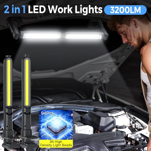 Rechargeable Magnetic Light, 2-in-1 LED Work Light Bar, 5000mAh Battery, Foldable & Built-in Clips, 3200 Lumens Underhood Work Lights for Mechanics, Automotive Repair, Inspection, Garage, Emergency
