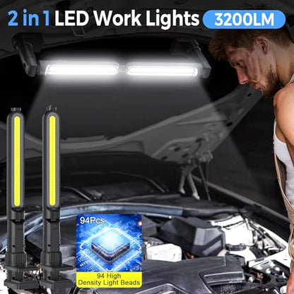 Rechargeable Magnetic Light, 2-in-1 LED Work Light Bar, 5000mAh Battery, Foldable & Built-in Clips, 3200 Lumens Underhood Work Lights for Mechanics, Automotive Repair, Inspection, Garage, Emergency