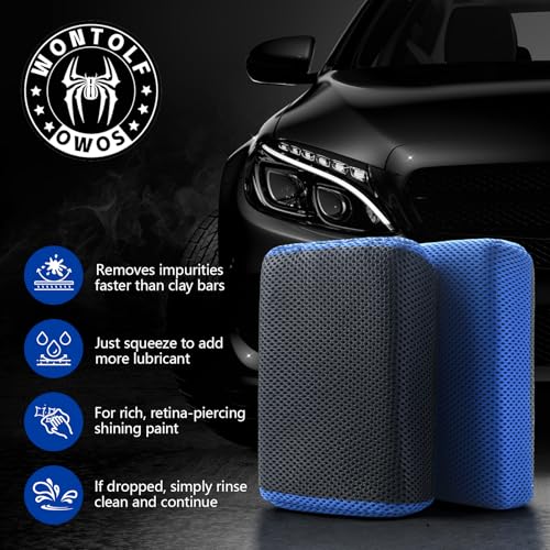 2 Pack 2 in 1 Clay Scrubber Car Clay Bar Auto Detailing Kit, Car Clay Wash Sponge, Premium Grade Magic Clay Mitt Towel, Easily Cleans Paint Contaminants, Debris, and Road Grime Light Overspray