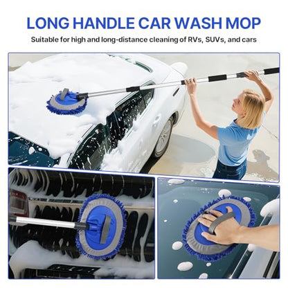 64'' Car Wash Brush with Long Handle, RV Flow-Through Wash Brush with Adjustable Handle, Anti-Scratch Plus Size Soft Car Wash Brush Mop with Hose Attachment Car Wash Kit for SUV RV Truck Boat